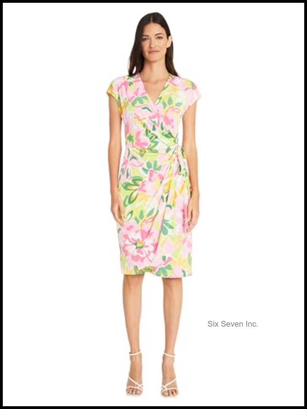 Maggy London Printed Matte Jersey Wrap Dress Knee Length V-Neck
